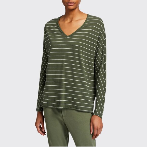 Frank & Eileen Striped Deep V Neck Long Sleeve Cotton Tee XS - Picture 1 of 8